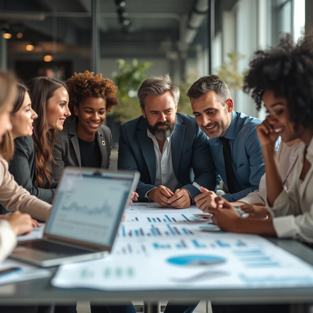 Equipo discutiendo gráficos financieros